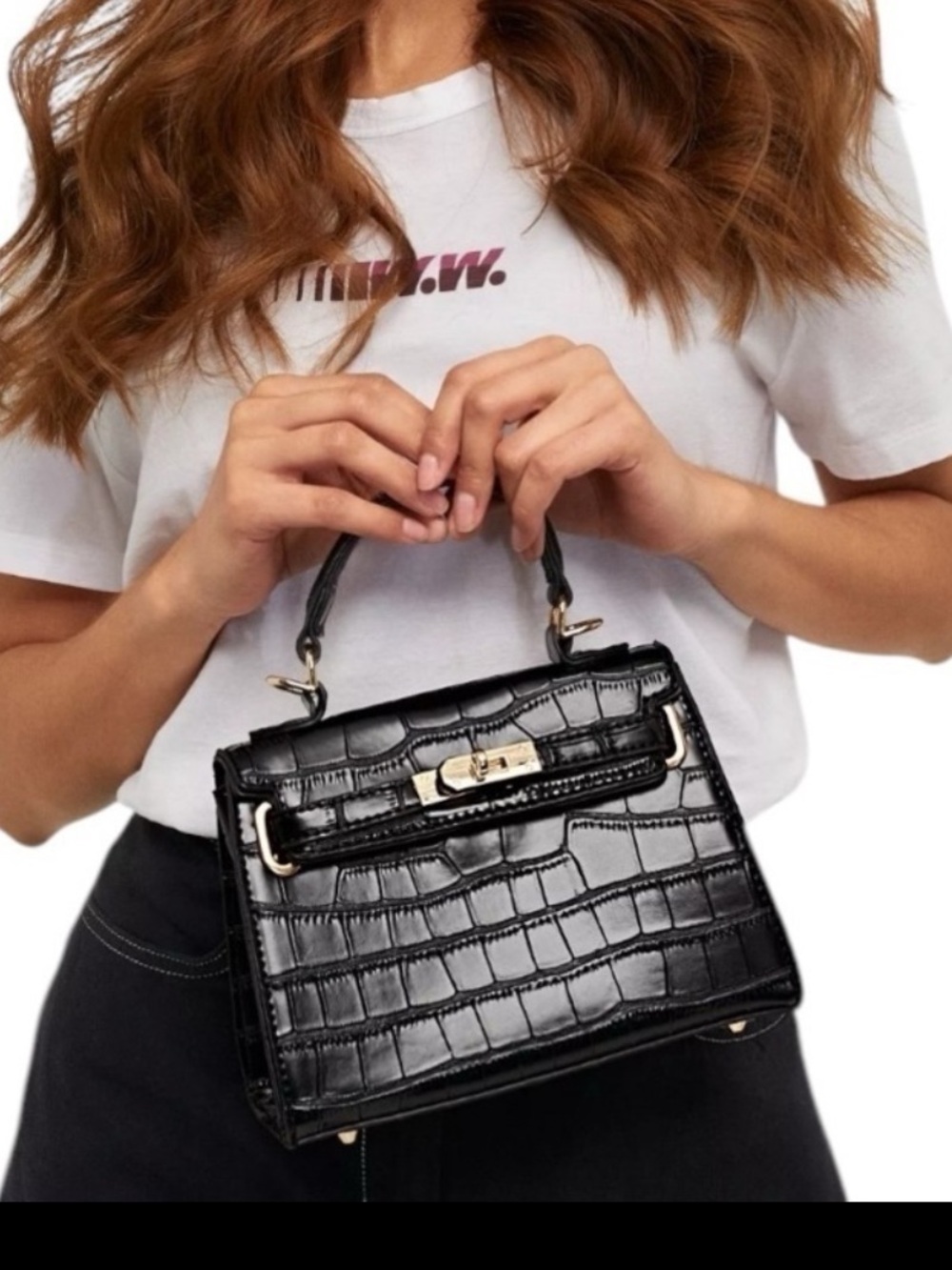 MISSGUIDED 2024 MINI Mock CROC HANDBAG BLACK 8”x 6”x 4” Curved Handle Bag Goth